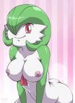 2014 big_breasts breasts butt female gardevoir generation_3_pokemon glistening happy hi_res looking_at_viewer mammal nintendo nipples not_furry nude pink_background pokemon pokemon_(species) poopysocks9 red_eyes shadow simple_background smile solo standing