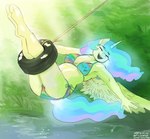 anthro bikini blue_hair clothing eyes_closed feathered_wings feathers female hair horn long_hair multicolored_hair open_mouth outside pink_hair pond rainbow_bikini side-tie_bikini smile solo string_bikini swimwear tail tire_swing two-piece_swimsuit white_body wings the-minuscule-task friendship_is_magic hasbro my_little_pony mythology princess_celestia_(mlp) equid equine mammal mythological_creature mythological_equine unicorn 2022 absurd_res hi_res