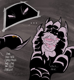 ambiguous_gender blush breasts claws cleavage clothed clothing coin covering covering_breasts covering_crotch covering_self dialogue duo embarrassed fangs female feral freckles long_ears micro not_furry notched_ear nude size_difference smile teeth text blueregardtwo mythology lynn_(blueregardtwo) dragon goblin humanoid mythological_creature mythological_scalie scalie english_text hi_res