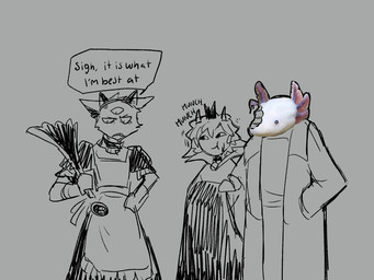 3_eyes ambiguous_anthro ambiguous_gender anthro chewing clothed clothed_anthro clothing dialogue fully_clothed fully_clothed_anthro grey_background group maid_uniform multi_eye simple_background speech_bubble text trio uniform aveloka cult_of_the_lamb massive_monster_(studio) lamb_(cult_of_the_lamb) narinder amphibian aquatic axolotl bovid caprine domestic_cat felid feline felis mammal mole_salamander salamander sheep 2025 4:3 digital_drawing_(artwork) digital_media_(artwork) english_text