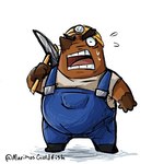 anthro armor bodily_fluids brown_body clothing hard_hat headgear helmet male open_mouth overalls overweight overweight_male shirt simple_background solo sweat topwear white_background marimosgoldfish animal_crossing nintendo mr._resetti eulipotyphlan mammal mole_(animal) low_res