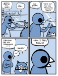 ambiguous_gender anthro beak dialogue duo humor melee_weapon speech_bubble sword text weapon what nedroid beartato reginald_(nedroid) avian bear bird mammal 2011 comic english_text