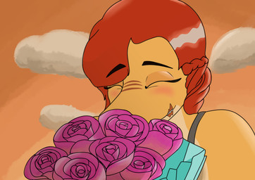 anthro biped blush clothed clothed_anthro clothed_female clothing cloud eyebrow_through_hair eyebrows eyes_closed female flower front_view hair happy holding_flower holding_object long_hair markings orange_body outside plant red_hair sky smile solo striped_markings stripes translucent translucent_hair kuvas_(artist) abilongin'_for_ya! cavemanon_studios snoot_game abilene_hartley fan_character aquatic cetacean dorudon mammal whale bust_portrait colored hi_res portrait shaded