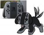 ambiguous_gender black_body blep controller feral floppy_ears grey_body multicolored_body simple_background solo tail tail_motion tailwag tongue tongue_out two_tone_body white_background cuteosphere nintendo nintendo_switch switch_dog animate_inanimate canid mammal low_res meme meme_origin