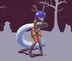 anthro antlers bell biped blue_hair breasts clothing female footwear hair high_heels highlights_(coloring) horn latex looking_up outside red_eyes red_highlights shoes smile solo standing poiuytrew mew_(helixjack) deer felid hybrid mammal new_world_deer pantherine reindeer snow_leopard 2018