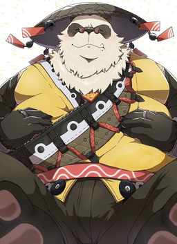 anthro asian_clothing black_body black_fur black_nose blush chinese_clothing clothing east_asian_clothing eating eyes_closed eyewear fur glasses hat headgear headwear humanoid_hands kemono male overweight overweight_male ring shirt sitting solo topwear white_body white_fur yellow_clothing yellow_shirt yellow_topwear emufu mihoyo zenless_zone_zero pan_yinhu bear giant_panda mammal 2025 hi_res
