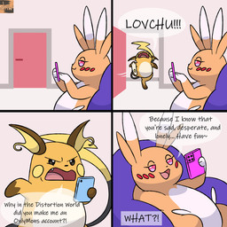 bean_bag dialogue door duo electronics female fur kick male open_door open_mouth phone smile speech_bubble tail text reallydarkandwindie fakemon nintendo pokemon fan_character generation_1_pokemon lovchu mammal pokemon_(species) raichu comic digital_media_(artwork) english_text hi_res