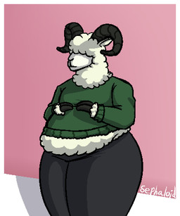 anthro belly big_belly clothing hair hair_over_eyes hand_on_belly horn male overweight overweight_anthro overweight_male solo sweater thick_thighs topwear sephaloid bramb_(sephaloid) bovid caprine mammal sheep 2019 aliasing digital_media_(artwork)