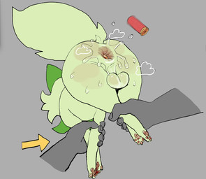 anal_fluids anus balls bodily_fluids butt cheek_tuft directional_arrow duo facial_tuft feral fingers fur genitals green_body green_fur green_tail grey_background male quadruped raised_tail shell_(projectile) shotgun_shell simple_background sweat tail tuft skeleton265 nintendo pokemon generation_9_pokemon human mammal pokemon_(species) sprigatito hi_res
