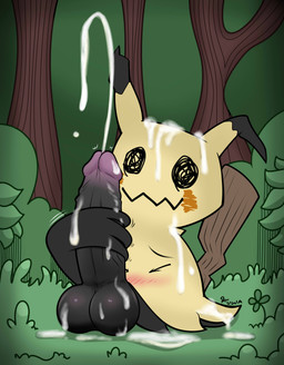 balls big_penis blush bodily_fluids cum cum_on_body ejaculation eyes_closed feral forest forest_background genital_fluids genitals humanoid_genitalia humanoid_genitalia_on_feral humanoid_penis humanoid_penis_on_feral male masturbation nature nature_background penis plant solo tree mr_fuwa nintendo pokemon generation_7_pokemon mimikyu pokemon_(species) absurd_res hi_res