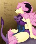 2017 anthro big_breasts bovid bra breasts caprine cleavage clothed clothing colored corruptvoid demon digital_media_(artwork) dragon duo female fur fur_tuft goat hair hexy hi_res horn humanoid_hands long_hair male mammal mature_anthro mature_female midriff mother_(lore) multicolored_body multicolored_fur mythological_creature mythological_scalie mythology neck_tuft open_mouth panties parent_(lore) pink_hair purple_body purple_fur purple_hair scalie shadry shadry-chan shadry-x simple_background sitting smile tail text tuft two_tone_body two_tone_fur two_tone_tail underwear yellow_body yellow_eyes yellow_fur