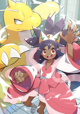ambiguous_anthro ambiguous_gender angry antennae_(anatomy) anthro black_hair blush brown_body brown_skin claw_fingers claw_toes clothed clothing crown detailed_background duo female fist floor footwear front_view frown fully_clothed grey_eyes gym_leader hair hand_above_head headgear horn inside larger_anthro looking_aside looking_at_viewer open_mouth open_smile pokemon_champion pose red_eyes sandals scales shoes size_difference smaller_human smile snout standing tile tile_floor tile_wall topwear v-neck ventral_scales wall_(structure) young young_female young_human makotoo mythology nintendo pokemon iris_(pokemon) dragon dragonite generation_1_pokemon human mammal mythological_creature mythological_scalie pokemon_(species) scalie 2021 hi_res