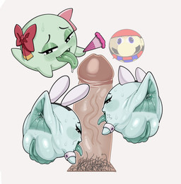 anus big_anus big_penis big_vulva bow_ribbon cuff_links erection fake_cat_ears fake_ears fake_rabbit_ears fangs female folding_fan genitals green_body group looking_at_viewer looking_back male male/female not_furry open_mouth penis pubes teeth tongue tongue_out vulva eggcat69 mario_bros nintendo paper_mario lady_bow lahla_(mario) mario peeka_(mario) boo_(mario) ghost spirit absurd_res hi_res sibling_(lore) sister_(lore) sisters_(lore) twins_(lore)