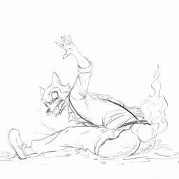 anthro bottomwear burning burnt_clothing butt butt_on_fire clothing exposed_butt fire footwear lava male pain pants shirt shoes solo topwear fifybear beastars legoshi_(beastars) canid canine canis mammal wolf hi_res