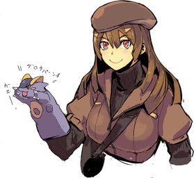 alternate_species bag blush breasts brown_hair eyelashes female hair humanized long_hair looking_at_viewer open_mouth puppet red_eyes simple_background smile text kusanagikaworu nintendo pokemon generation_6_pokemon human mammal mega_evolution mega_kangaskhan pokemon_(species) japanese_text