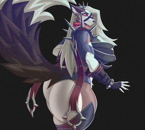 anthro arm_outstretched armor big_breasts big_butt black_nose black_tail bracelet breasts butt claws clothed clothing countershade_butt countershade_torso countershading cutout dipstick_tail ears_up female fingerless_gloves fluffy fluffy_tail gauntlets glancing_back gloves grey_eyes hair handwear inner_ear_fluff jewelry legwear long_hair looking_back markings mask muscular muscular_female no_underwear presenting presenting_hindquarters red_sclera scarf shoulder_pads simple_background smile smiling_at_viewer solo spiked_bracelet spikes tail tail_markings thick_thighs thigh_highs tuft unconvincing_armor white_hair white_tail_tip hiverdose helluva_boss marvel marvel_rivals mythology loona_(helluva_boss) malice_loona_(mangakitsune2) canid canid_demon canine demon hellhound mammal mythological_canine mythological_creature digital_media_(artwork) hi_res