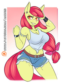 accessory aged_up amber_eyes anthro anthrofied belt bottomwear bow_(feature) bow_accessory bow_ribbon bracelet breasts cleavage clock clothed clothing denim denim_bottomwear denim_clothing denim_shorts ear_piercing ear_ring female hair hair_accessory hair_bow hair_ribbon jewelry long_hair looking_at_viewer midriff necklace patreon_logo piercing red_hair ribbons ring_piercing shirt shorts smile solo tank_top text topwear torn_clothing watch wristwatch ambris friendship_is_magic hasbro my_little_pony patreon apple_bloom_(mlp) earth_pony equid equine horse mammal pony 2019 absurd_res digital_media_(artwork) hi_res url