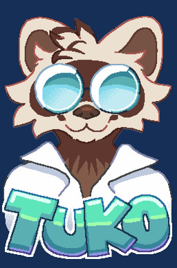 anthro brown_body brown_fur brown_inner_ear brown_nose clothed clothing coat eyewear fur glasses head_tuft lab_coat male opaque_glasses round_glasses simple_background solo tan_body tan_fur teal_text text topwear transparent_background tuft wearing_glasses dyyrlysh tuko_(tukoferret) domestic_ferret mammal mustelid musteline true_musteline weasel 2025 aliasing alpha_channel aseprite_(artwork) bust_portrait character_badge_(artwork) character_name digital_media_(artwork) dithering portrait