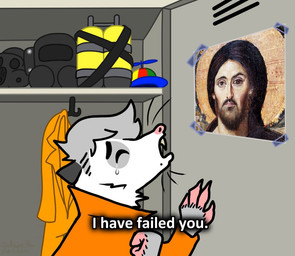 anthro bodily_fluids claws clothing dialogue female gas_mask hair hat headgear headwear mask propeller_hat religion tears text whiskers arkeanthe cartoon_network dexter's_laboratory i_have_failed_you christ_pantocrator_(sinai) jesus_christ american_opossum human mammal marsupial virginia_opossum english_text meme
