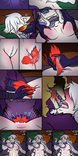 animal_genitalia anthro avian_arms bedding blanket blonde_hair bodily_fluids bone bound breast_grab breasts bukkake claw_marks claws collar cuff_(restraint) cum cum_on_body docking dominant drooling duo ejaculation exposed_bone exposed_muscle feathered_wings feathers featureless_breasts fellatio female french_kissing genital_fluids genitals hair hand_on_breast heart_symbol humanoid_pointy_ears kissing leash leashed_collar male male/female metal_teeth open_mouth oral penetration penile pillow plushie pointy_ears pseudo-penis questionable_consent restraints saliva sex shadow_face sleep_sex sleeping teeth unusual_anatomy unusual_genitalia white_hair wings sandentwins slightly_damned faust_(sandentwins) mitten_leapfoot_(sandentwins) angel humanoid jakkai mammal wind_demon_(slightly_damned) absurd_res comic hi_res sequence