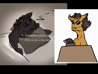 alternate_universe duo eyewear feral male male/male sleeping smile smirk spots suggestive sunglasses text wings rasmary bethesda_game_studios fallout_equestria hasbro microsoft my_little_pony mythology skyrim the_elder_scrolls cookie_cheetos fan_character outworld earth_pony equid equine horse mammal mythological_creature mythological_equine pegasus pony animated colored colored_sketch english_text meme short_playtime sketch video