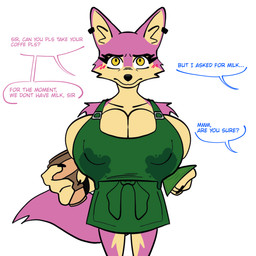 anthro apron apron_only big_breasts blush bodily_fluids breast_expansion breasts cheek_tuft clothing coffee_cup container cup dialogue ear_piercing expansion eyebrow_piercing facial_piercing facial_tuft female female_anthro huge_breasts hyper hyper_breasts inner_ear_fluff lactating lactating_through_clothing leaking_milk looking_at_viewer money multicolored_body nipple_outline offscreen_character piercing pink_body simple_background skinny skinny_anthro skinny_female solo speech_bubble tan_body text top_heavy tuft two_tone_body wet wet_clothing white_background yellow_eyes klacket i_mean_breast_milk kyoko_(klacket) canid canine fox mammal 1:1 2024 absurd_res digital_drawing_(artwork) digital_media_(artwork) english_text hi_res meme