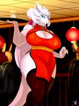 anthro beverage biped breasts clothed clothing female legwear scales solo_focus tail thick_thighs thigh_highs waiter white_body white_scales blueondrive mythology dragon mythological_creature mythological_scalie scalie hi_res