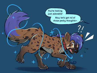 4_legs 4_toes black_claws black_nose black_snout blue_background blue_hair brown_body brown_eyes brown_fur claws collar exclamation_point eyelashes fangs feet feral fur hair inner_ear_fluff magic markings multicolored_body multicolored_fur open_mouth pawpads paws purple_body purple_fur purple_hair purple_pawpads quadruped question_mark shocked simple_background snout speech_bubble spots spotted_body spotted_fur standing teeth text toes transformation tuft furufoo hyena mammal 4:3 english_text hi_res signature