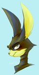 anthro black_body black_fur black_nose blue_eyes eyebrows fur looking_at_viewer male narrowed_eyes side_view sideways_smile simple_background smile smirk solo thick_eyebrows yellow_body yellow_fur saffronic loonatics_unleashed looney_tunes warner_brothers ace_bunny lagomorph leporid mammal rabbit 2019 bust_portrait portrait