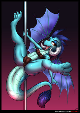3_toes anthro barefoot black_border border camel_toe claws clothing curling_toes dancing feet female horn looking_at_viewer membrane_(anatomy) membranous_wings open_mouth pole pole_dancing pupils red_eyes slit_pupils soles solo tail toe_claws toes tongue wings mirapony friendship_is_magic hasbro my_little_pony mythology princess_ember_(mlp) dragon mythological_creature mythological_scalie scalie 2017