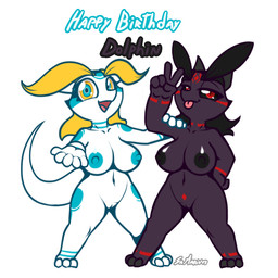 anthro big_breasts big_tail birthday black_eyebrows black_hair black_sclera blonde_eyebrows blonde_hair blue_eyes breasts claws duo eyebrows female genitals gesture hair hand_gesture hand_on_arm horn huge_tail markings multiple_poses nipples nude nude_female open_mouth pose red_eyes smile tail toe_claws tongue tongue_out v_sign vulva yellow_eyes srmario mythology aijou yaojou dragon jou mythological_creature mythological_scalie scalie 1:1 2018 colored digital_drawing_(artwork) digital_media_(artwork) signature unavailable_at_source