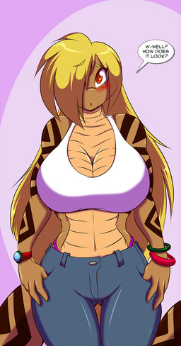 5_fingers anthro bangs big_breasts biped black_text blonde_eyebrows blonde_hair blue_bottomwear blue_clothing blue_pants blush bottomwear bracelet breasts brown_body brown_breasts brown_face brown_scales brown_skin brown_tail cleavage clothed clothing curved_eyebrows curvy_figure dark_markings dark_text dialogue eyebrow_through_hair eyebrows female fingers front_view fully_clothed hair hair_over_eye huge_breasts iris jewelry light_clothing light_eyebrows light_hair light_shirt light_topwear long_hair long_tail looking_at_viewer markings midriff monotone_bottomwear monotone_breasts monotone_clothing monotone_face monotone_hair monotone_pants monotone_shirt monotone_topwear multicolored_body multicolored_scales multicolored_tail navel non-mammal_breasts one_eye_obstructed open_mouth orange_eyes pants ponytail pupils red_blush red_body red_eyes red_markings red_pupils red_scales red_tail scales shirt simple_background solo speech_bubble tail talking_to_viewer text thick_tail thick_thighs topwear translucent translucent_hair two_tone_body two_tone_scales two_tone_tail ventral_scales voluptuous white_clothing white_shirt white_topwear wide_hips mastergodai sanaki_koga pit_viper rattlesnake reptile scalie snake viper western_diamondback_rattlesnake english_text hi_res