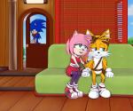 anthro boom clothed clothing duo_focus female fully_clothed group male male/female mostly_nude narrow_hips thin_calves thin_legs thin_thighs ultear sega sonic_the_hedgehog_(series) amy_rose miles_prower canid canine eulipotyphlan fox hedgehog mammal hi_res