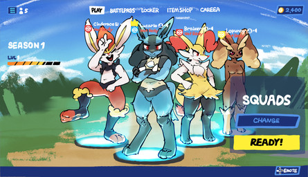 anthro breasts cloud day featureless_breasts featureless_crotch female gameplay_mechanics group looking_at_viewer male smile text netchy_boo epic_games fortnite nintendo pokemon braixen cinderace generation_4_pokemon generation_6_pokemon generation_8_pokemon lopunny lucario pokemon_(species) 2023 crossover english_text hi_res