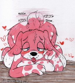 anthro ass_up bed_sheet bedding big_breasts bodily_fluids breast_squish breasts breasts_on_ground butt female fur heart_symbol nipples nude nude_female pink_body pink_fur playful purple_eyes simple_background solo squish sweat sweatdrop tail tail_motion tailwag text tongue tongue_out white_background mootsncompany rose_(mootsncompany) beagle canid canine canis domestic_dog hunting_dog mammal scent_hound hi_res japanese_text painting_(artwork) sketch traditional_media_(artwork) traditional_painting_(artwork)