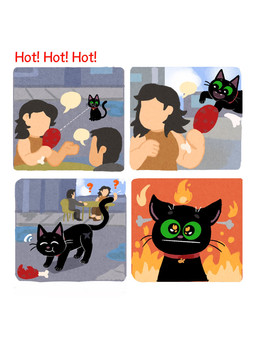 ambiguous_gender city city_background cloud collar comic_panel dialogue drumstick_(food) eating feral furniture green_eyes group instant_karma paws question_mark restaurant scar silhouette sitting sky solo_focus spicy_food stealing_food street table text shanhorandraws little_kitty_big_city little_kitty_(lkbc) domestic_cat felid feline felis human mammal 2025 comic english_text hi_res official_art