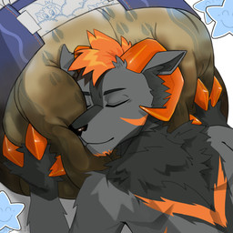 abdl ageplay animal_ears anthro black_body black_fur blue_background blush comfort cuddling diaper diaper_fetish eyes_closed feces fluffy fur hair hug lying male markings messy orange_hair orange_markings oversized_diaper padded pawpads peaceful pillow poofy regression relaxing roleplay simple_background sleeping smile sniffing snoofing soiled soiled_diaper soiling solo star_(symbol) thick_diaper unclean_diaper used_diaper obedientmirelle bovid caprine goat mammal 1:1 absurd_res hi_res