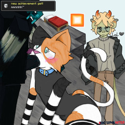 anthro black_body black_fur blonde_hair blush cat_tail clothing collar duo fellatio femboy fur green_body green_skin grey_clothing group hair kneeling_oral legwear male male/male multicolored_body multicolored_fur oral orange_body orange_fur penile sex sucking thigh_highs white_body white_fur mzfy microsoft minecraft mojang xbox_game_studios background_character domestic_cat felid feline felis humanoid mammal warden_(minecraft) 1:1 hi_res