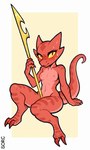 2_toes anthro blush bodily_fluids breasts claws exposed_breasts feet female looking_at_viewer melee_weapon mouth_closed nipples non-mammal_breasts non-mammal_nipples nude polearm red_body red_eyes simple_background sitting solo spear sweat toes tsundere weapon yellow_sclera sorc kobold scalie