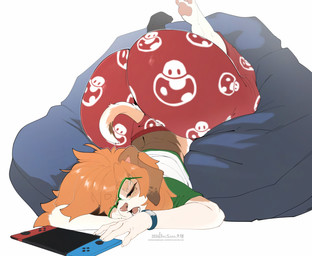 anthro big_butt biped butt clothed clothed_anthro clothed_female clothing eyes_closed eyewear female female_anthro glasses green_clothing hair huge_butt humanoid_hands orange_hair red_clothing sleeping solo tail white_clothing inu-sama nintendo nintendo_switch bailey_(inu-sama) canid canine mammal 2026 absurd_res hi_res