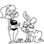 1:1 anthro big_breasts breasts buckteeth bugs_bunny dominant dominant_female duo female hi_res lagomorph leash leashed_male leporid lola_bunny looney_tunes male male/female mammal monochrome rabbit renita_reed simple_background submissive submissive_male teeth warner_brothers white_background wide_hips