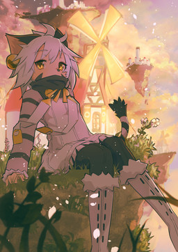 accessory anthro black_clothing black_legwear boots brown_eyes building clothing facial_markings fantasy female female_anthro floating_island flower footwear fur_trim_(clothing) grass hair hair_accessory hair_bell head_markings high_collar kemono legwear markings outside petals plant shoes sitting solo sunset white_hair wind windmill young young_female haruka_kanata cyberconnect2 little_tail_bronx solatorobo elh_melizee american_shorthair domestic_cat felid feline felineko felis mammal 2022 absurd_res hi_res
