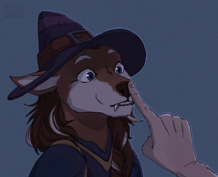 5_fingers ambiguous_gender anthro belt belt_buckle black_nose blue_background blue_clothing blue_dress blue_eyes boop brown_body brown_fur brown_hair buckle clothing dress duo eyebrows fangs female fingers fur hair hat headgear headwear long_ears long_hair magic_user poking raised_eyebrows simple_background surprised teeth wide_eyed witch witch_hat massivedegenerate blizzard_entertainment warcraft canid human mammal werecanid werecreature worgen 2020 colored digital_drawing_(artwork) digital_media_(artwork) hi_res