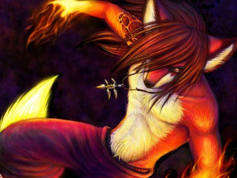anthro clothed clothing fire jewelry magic male necklace simple_background solo topless unknown_artist canid canine mammal source_request