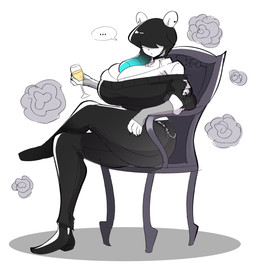 alcohol anthro beverage big_breasts black_bottomwear black_choker black_clothing black_footwear black_hair black_jewelry black_necklace black_pants black_shoes black_sweater black_topwear blue_hair bottomwear breasts button-down_shirt chair choker cleavage clothed clothed_anthro clothing container crossed_legs cup drinking_glass ellipsis female flower footwear fully_clothed fully_clothed_anthro fully_clothed_gynomorph fur furniture glass glass_container glass_cup hair hair_over_eyes huge_breasts jewelry multicolored_hair necklace pants plant rose_(flower) simple_background sitting solo speech_bubble sweater throne topwear two_tone_hair white_background white_body white_button-down_shirt white_fur wine wine_glass theycallhimcake lyvian_(theycallhimcake) bear mallkin mammal 2025 digital_drawing_(artwork) digital_media_(artwork) english_description full-length_portrait hi_res portrait busty_boy_(lore) male_(lore)