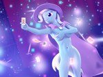 anthro anthrofied biped blue_body breasts card clothing convenient_censorship eyelashes female fingers front_view hair headgear headwear navel pupils smile solo standing thick_thighs scratch_wub friendship_is_magic hasbro my_little_pony trixie_(mlp) equid equine mammal 3d_(artwork) 4:3 digital_media_(artwork) hi_res