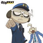 angry anthro clothing duo eyewear gesture glasses hand_gesture male necktie pointing police police_uniform simple_background smile suit text uniform mugicaan1 odd_taxi eiji_kakihana_(odd_taxi) koshiro_daimon_(odd_taxi) ape gibbon haplorhine herpestid mammal meerkat primate english_text hi_res japanese_text official_art