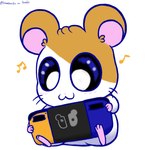 anthro blue_eyes blush electronics fur game_console gaming male musical_note musical_symbol orange_body orange_fur pink_nose pink_paws playing playing_video_game simple_background solo symbol white_background white_body white_fur lunarpanda8686 hamtaro_(series) nintendo nintendo_switch hamtaro cricetid hamster mammal rodent 1:1