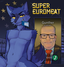 anthro arm_tuft black_nose blonde_hair blue_body blue_fur building cheek_tuft clothed clothed_human clothing european_parliament_building european_union eyewear facial_tuft featureless_crotch fur glasses hair head_tuft holding_object_in_mouth id_card inner_ear_fluff looking_at_viewer male navel necktie nude_anthro nude_male object_in_mouth phone_call phone_screen shoulder_tuft slim_male smile smiling_at_viewer smirk smirking_at_viewer solo star suit super_eurobeat tail teeth text tuft yellow_eyes fanteliscio gunther_fehlinger canid canine fox human mammal 2026 absurd_res digital_drawing_(artwork) digital_media_(artwork) english_text hi_res shaded
