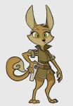 :/ anthro barefoot belt big_ears biped bottomless breasts clothed clothing digitigrade feet female fur gun handgun looking_at_viewer military pistol ranged_weapon solo tan_body tan_fur uniform weapon yellow_eyes lenyavok canid canine fox mammal hi_res